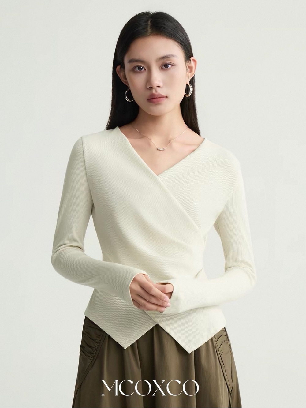 Brand New MCOXCO Women’s Cream Ribbed Wrap Knit Top Cotton Blend Long Sleeve NWT